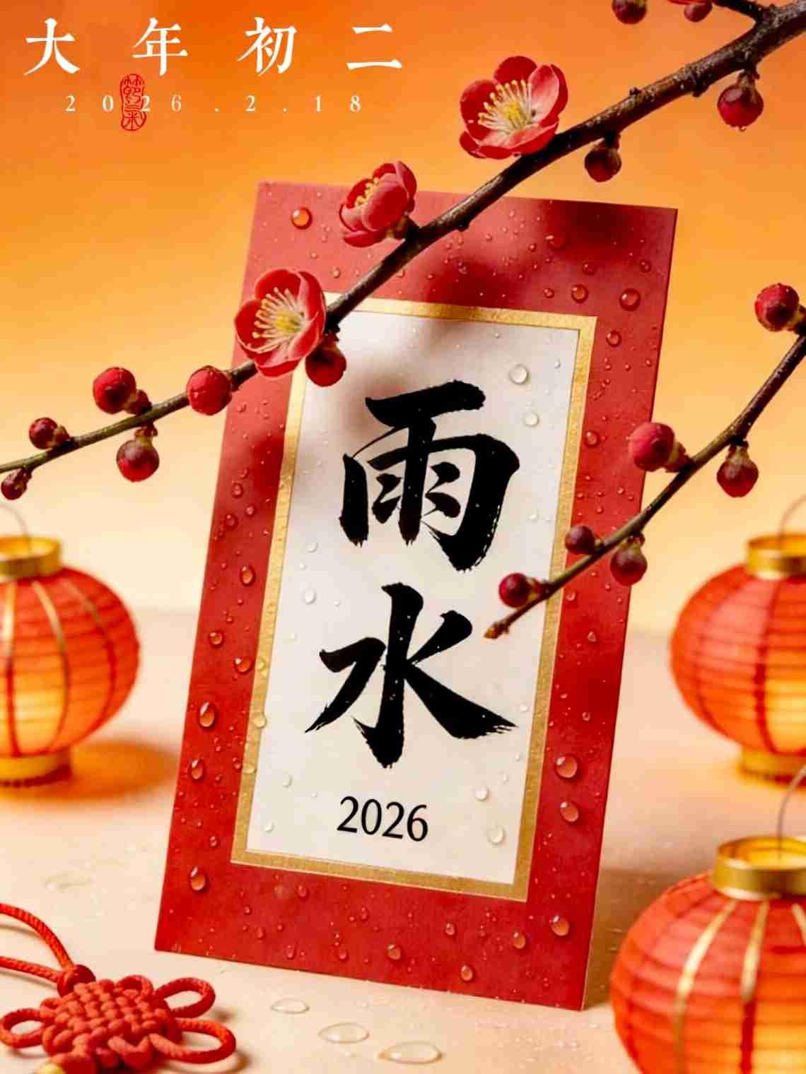 大年初二喜来到，
恰逢雨水来迎春。

春暖花开万物复，
一切美好随春来，
风调雨