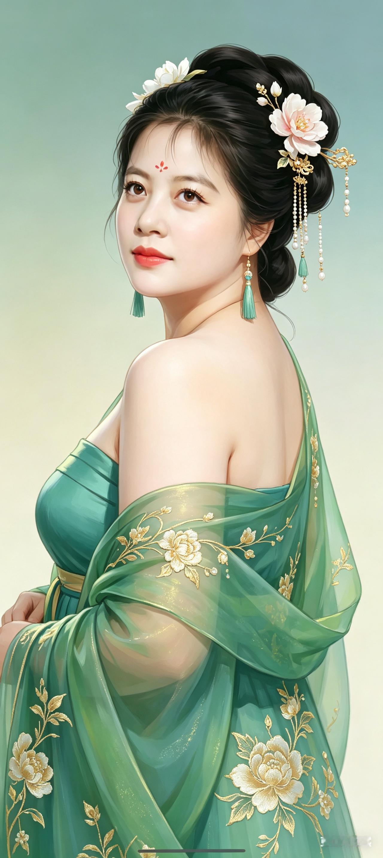 半满美女圆润鹅蛋脸，高髻缀花与金步摇，花钿红唇。青绿露肩改良汉服配透纱金绣，侧身