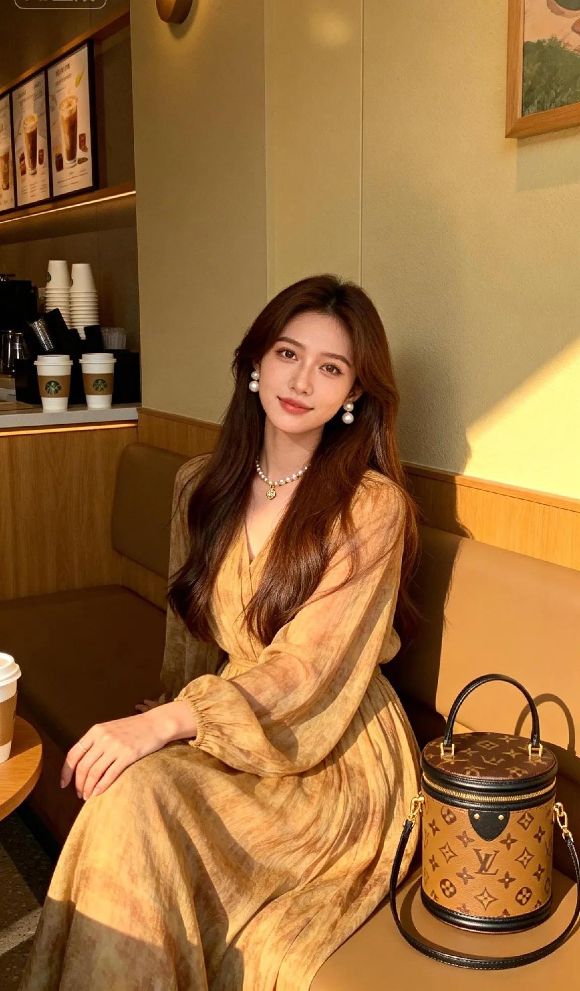 午后的咖啡馆，被温柔的暖光包裹。一袭香槟金晕染长裙，自带朦胧氛围感，珍珠配饰点缀