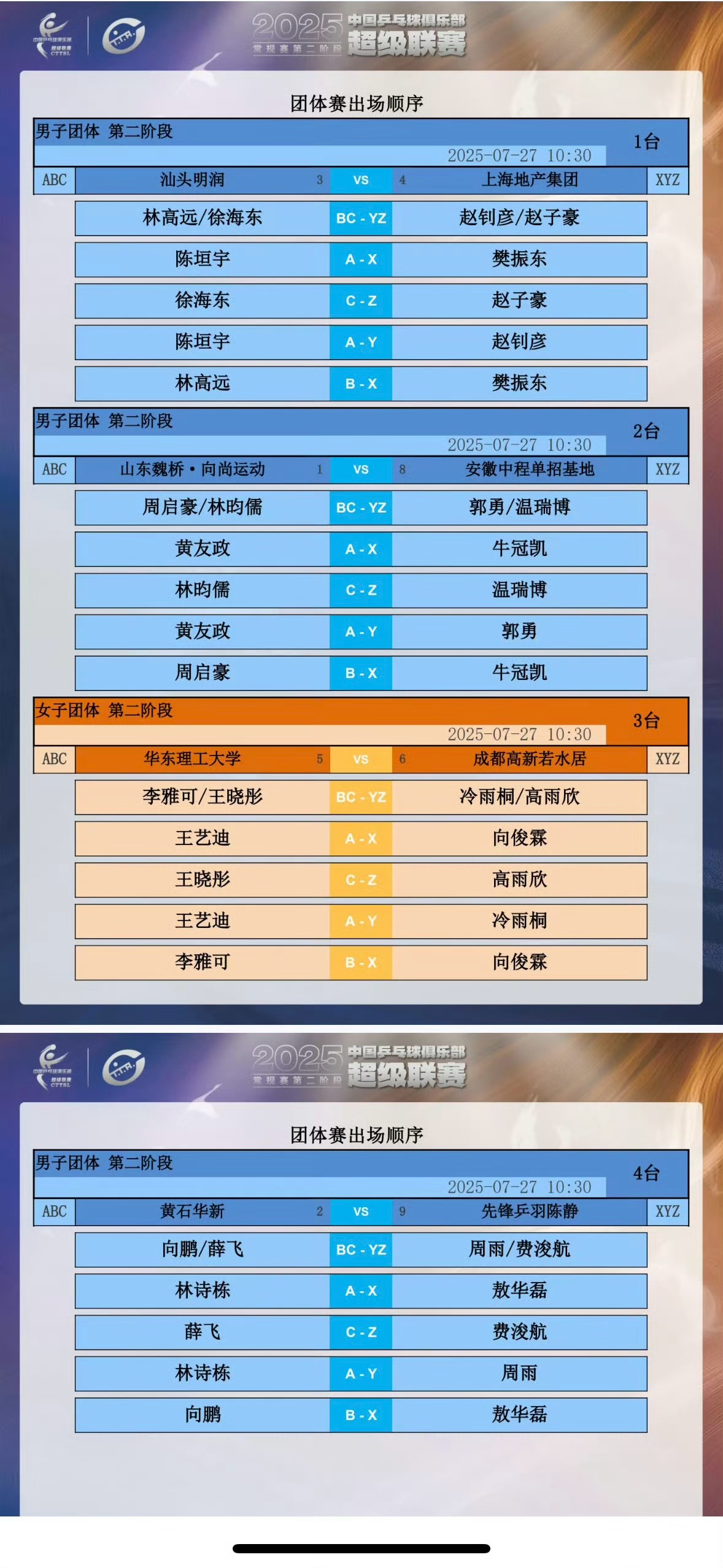 2025乒超联赛7月27日上午场出场顺序 ​​​