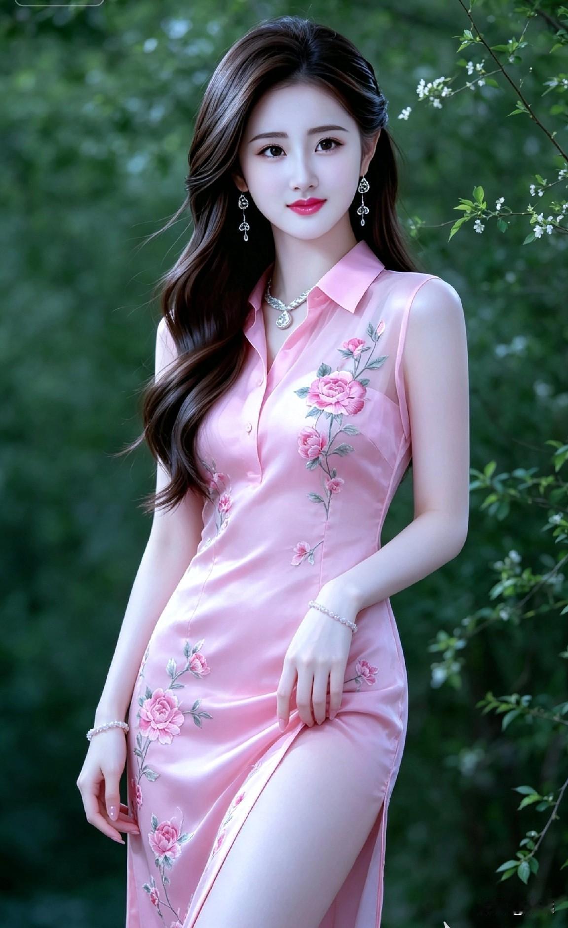 少女风写真照绿野清风衬粉韵旗袍，一颦一笑皆是少女温柔诗意