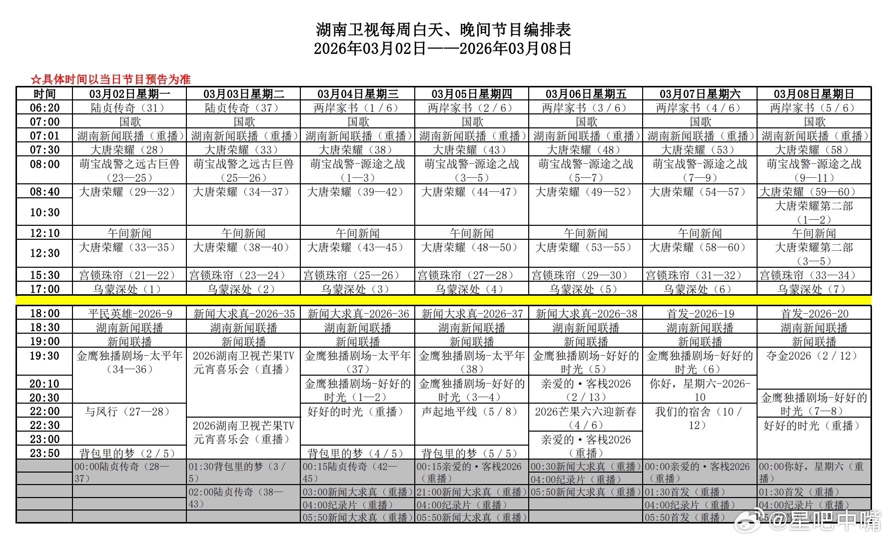 好好的时光 湖南卫视本周编排：上午剧场：大唐荣耀下午剧场：宫锁珠帘+乌蒙深处今晚
