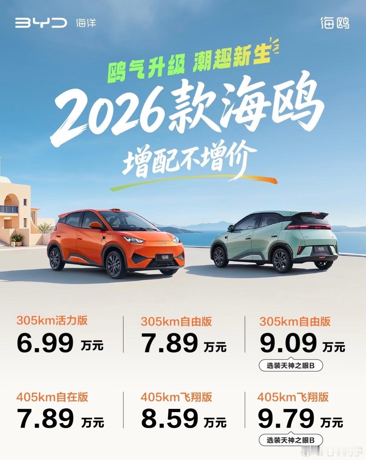 比亚迪海鸥也能上激光雷达了 带天神之眼版本的起售价是9.09万元A00级里找确实
