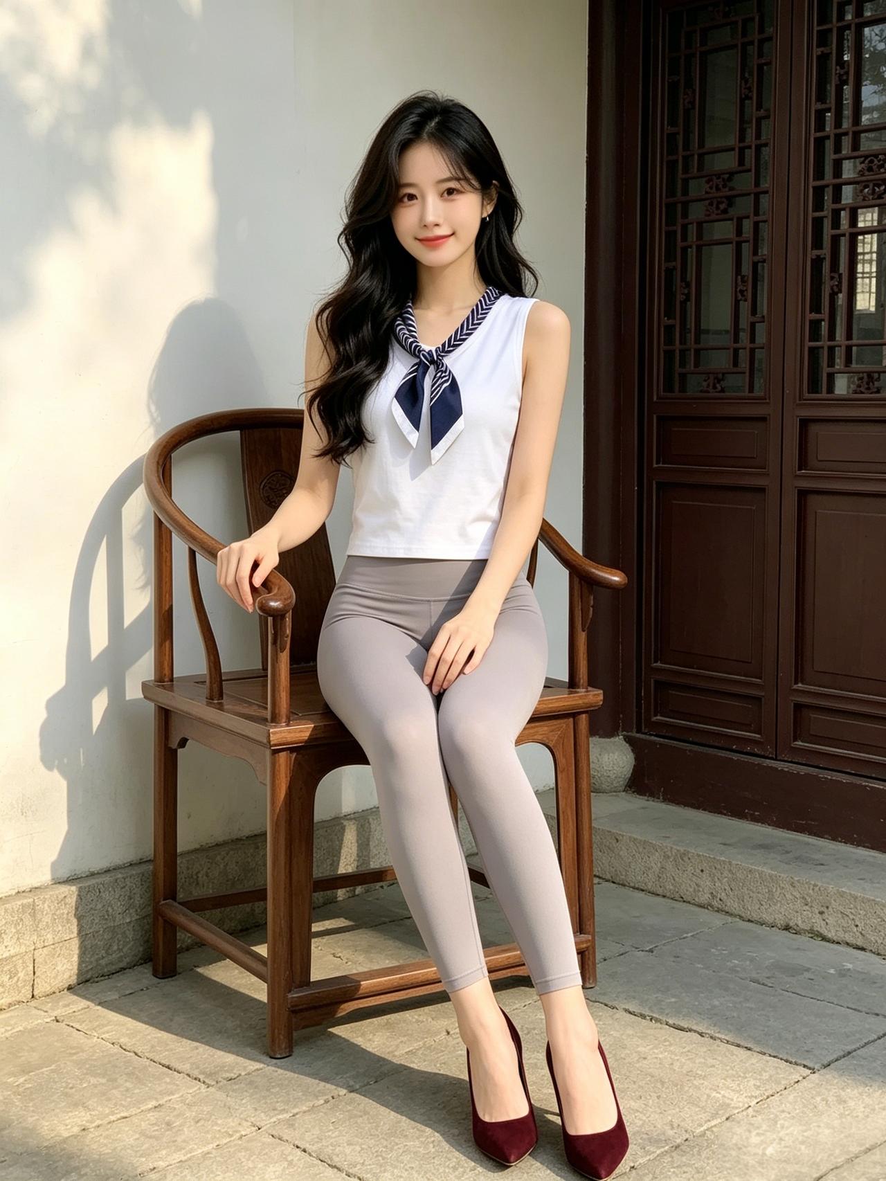 古风庭院里，少女身着简约夏日装，搭配酒红高跟，优雅与活力碰撞，美得刚刚好。女孩子