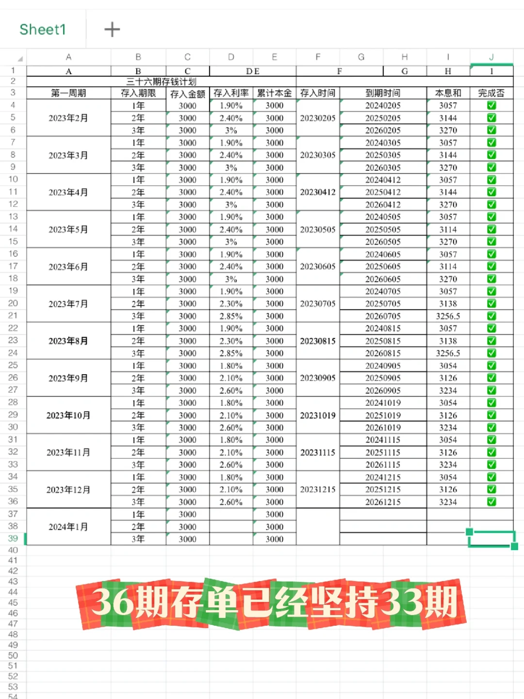 36期存钱计划，姐姐已经完成33期了！加油呀💪