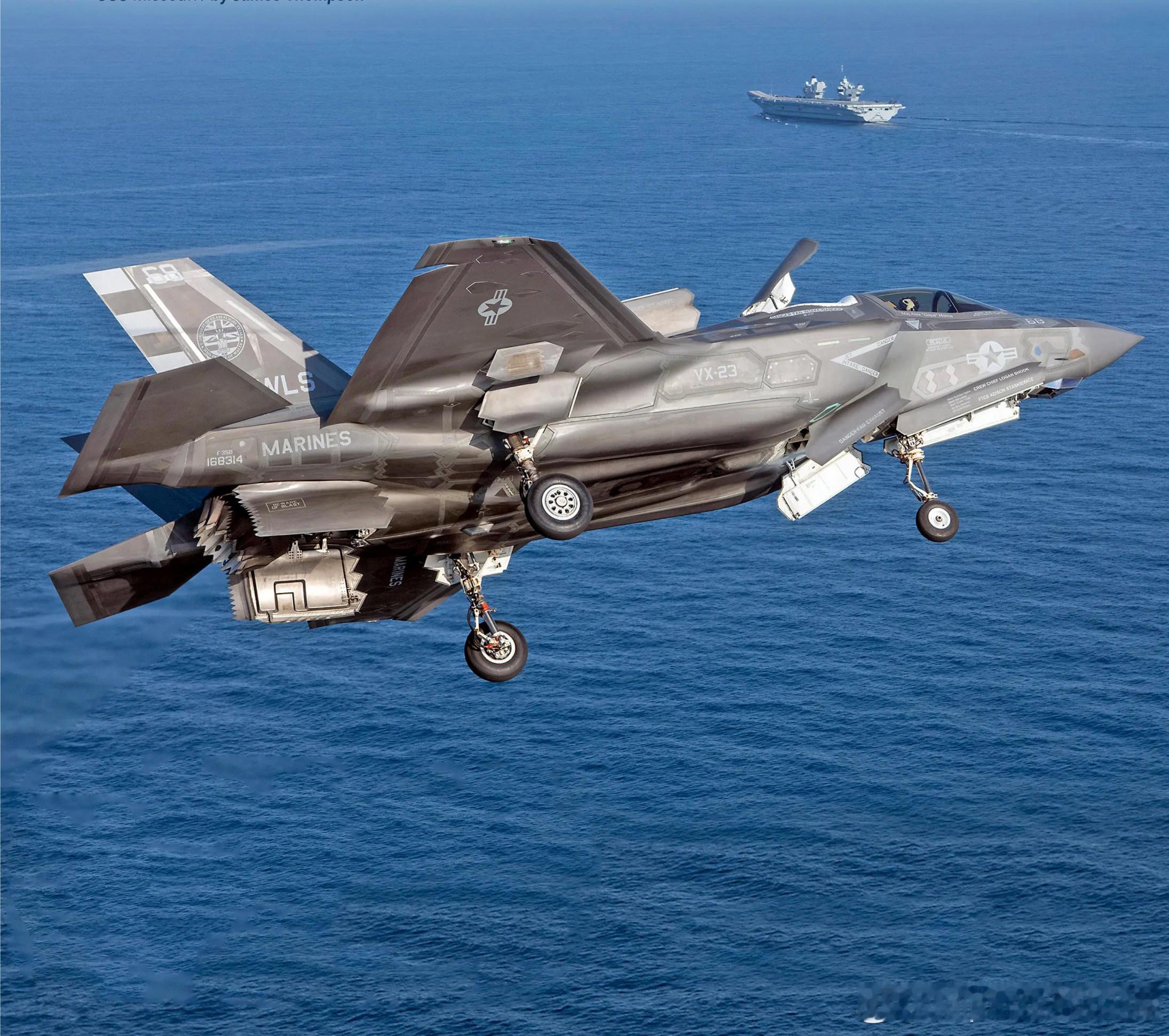 英国皇家海军F-35B战斗机(编号168314)从R09威尔士亲王号两栖攻击舰起