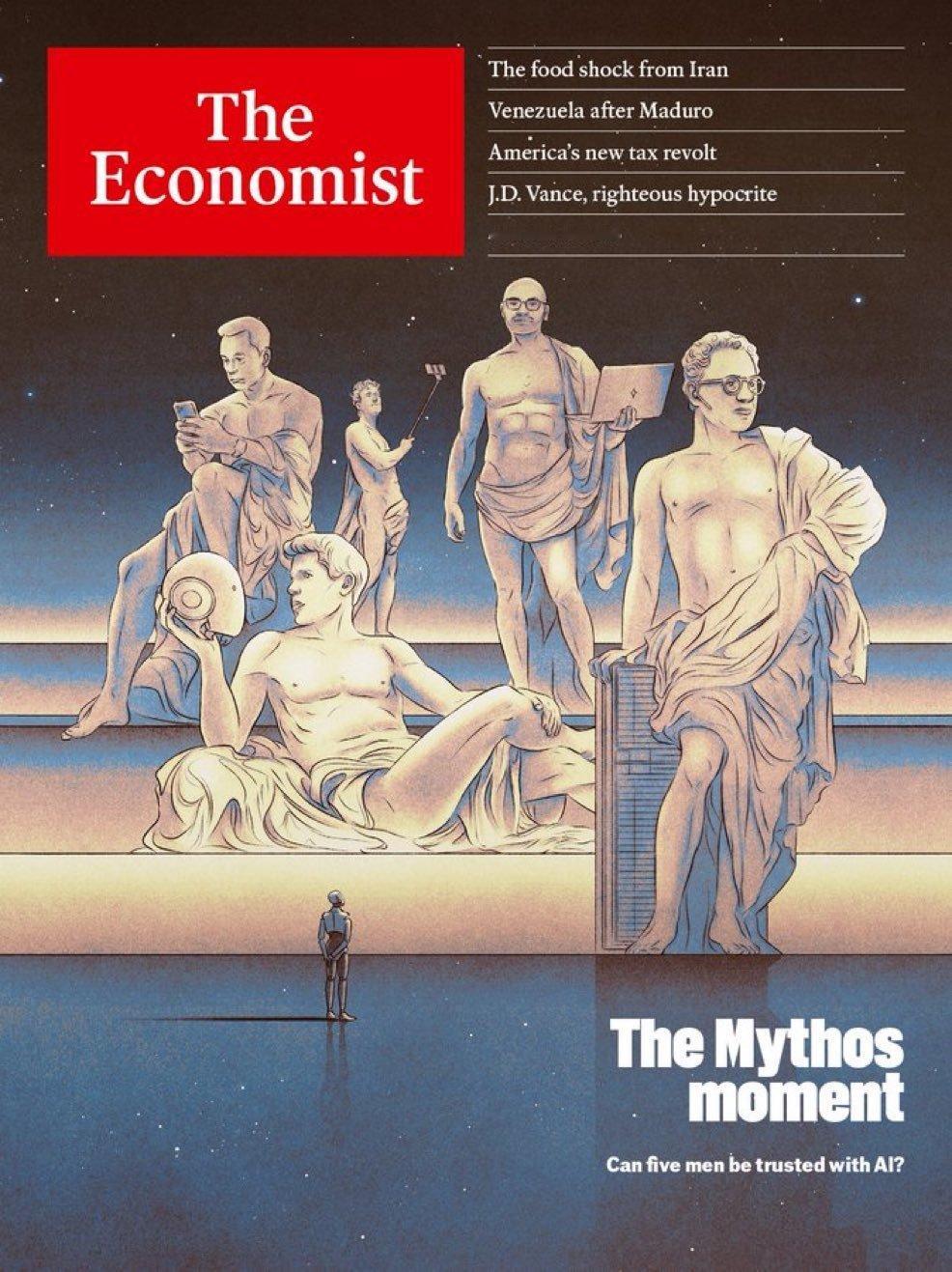 经济学人最新一期的封面，The Mythos moment 神话时刻，五位科技巨