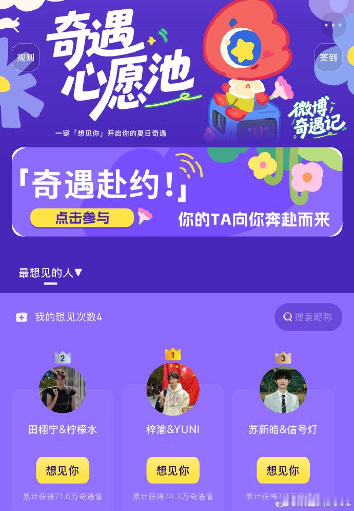 梓渝奇遇值登顶梓渝田栩宁苏新皓奇遇值TOP3 微博新搞的活动，上午官宣，下午梓渝