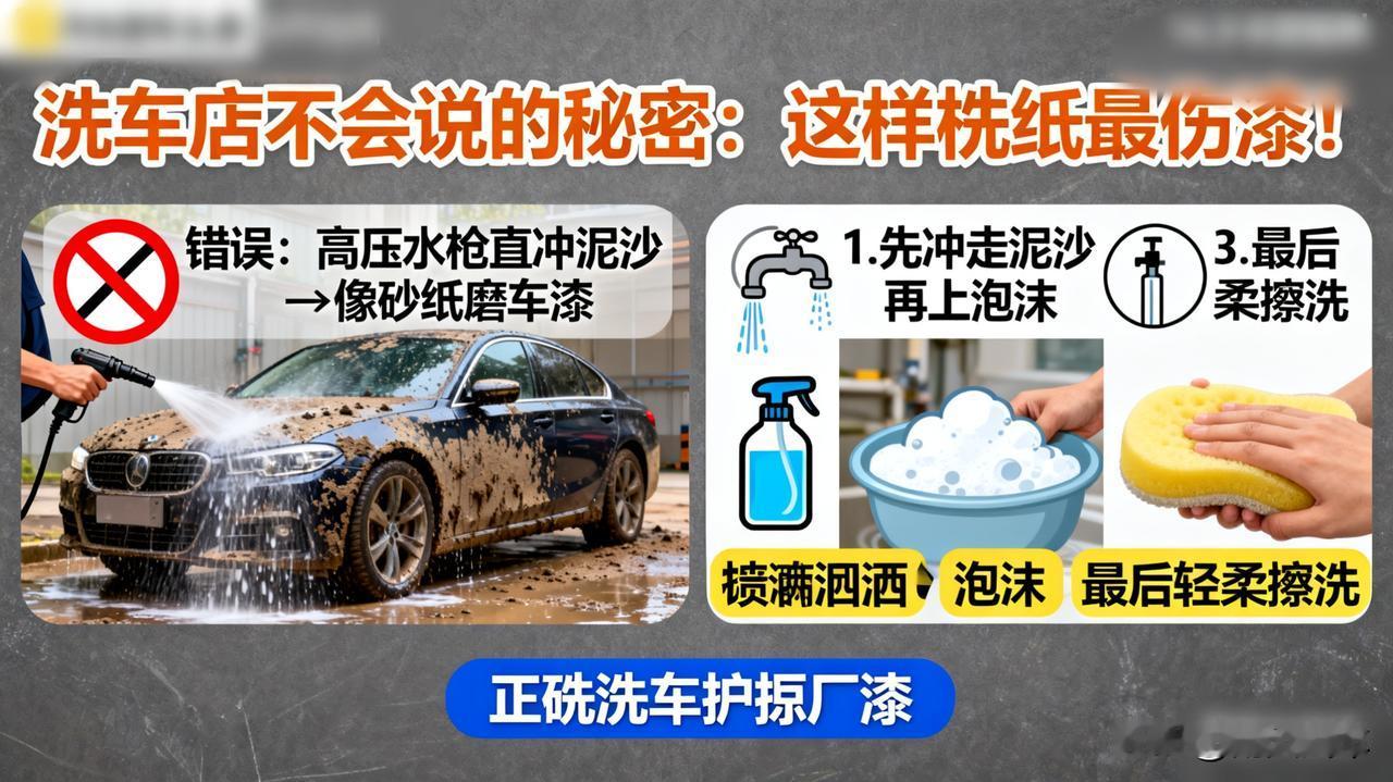洗车店绝对不会告诉你的秘密：这样洗车最伤漆！

直接用高压水枪冲掉泥沙！泥沙在高