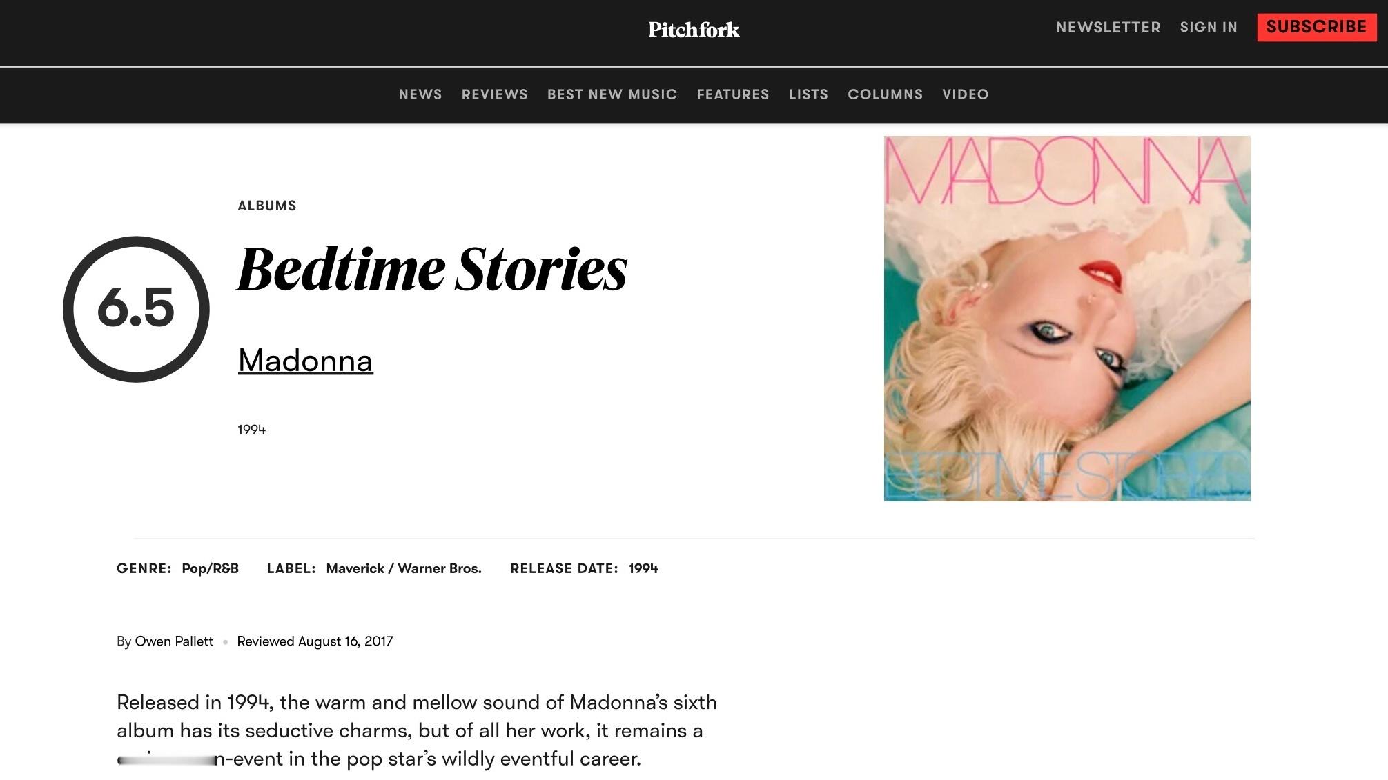 【乐评历史】乐评机构 Pitchfork 为 Madonna 各专辑评分一览： 