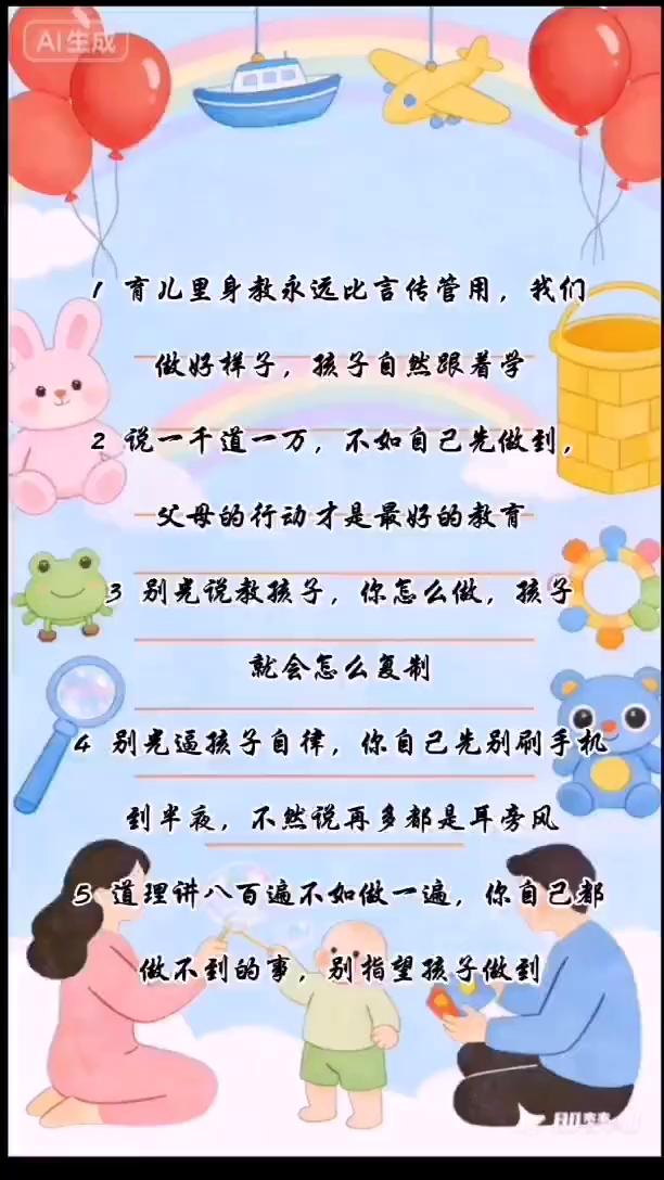 AI生成。
·1、育儿里身教永远比言传管用，我们一做好样子，孩子自然跟着学。
·
