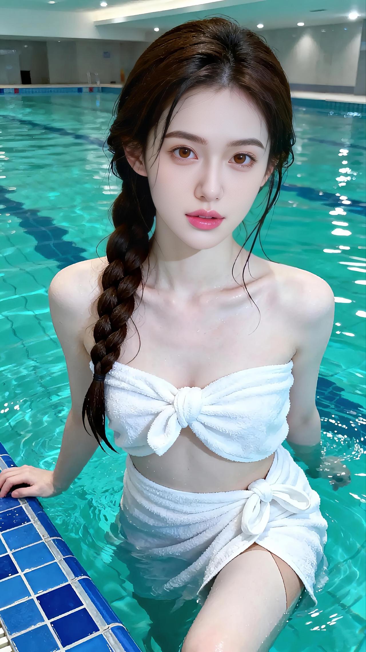 泳池边上的清新少女，白色浴巾包裹的优雅，水波荡漾的美好时光。💦🌟✨分享一张非