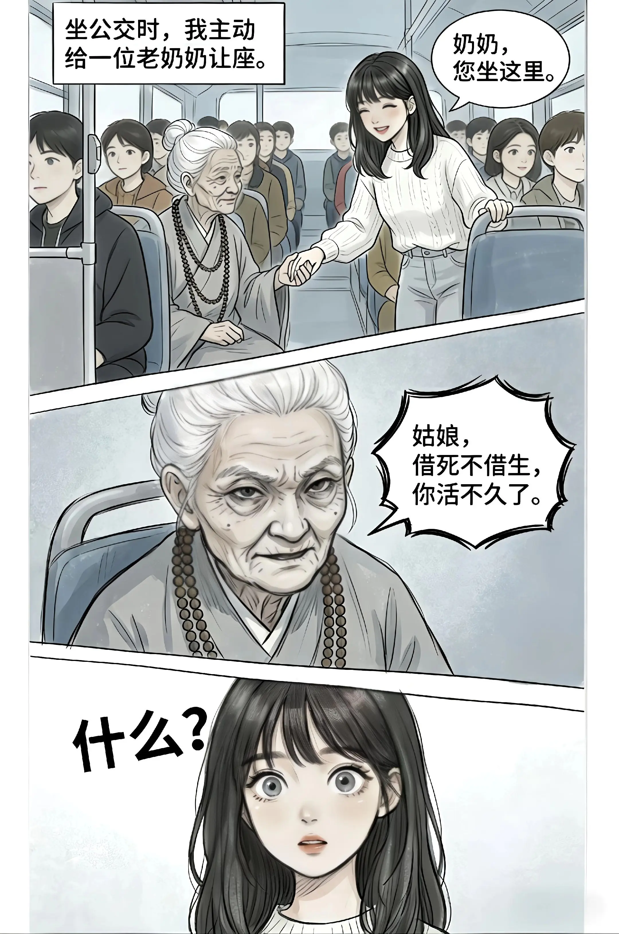 【让座惊遇】公交车上，我给一位老奶奶让座，老奶奶却阴森盯着我：「姑娘...
