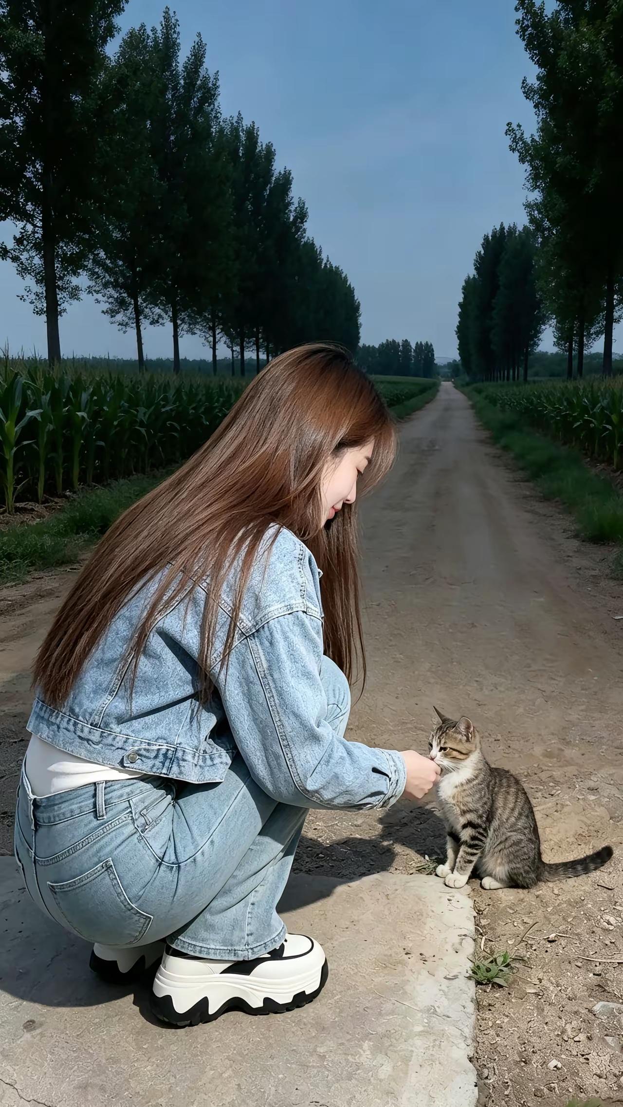 在乡间小路上，与猫咪亲密互动的美好时光🌿🐱💕