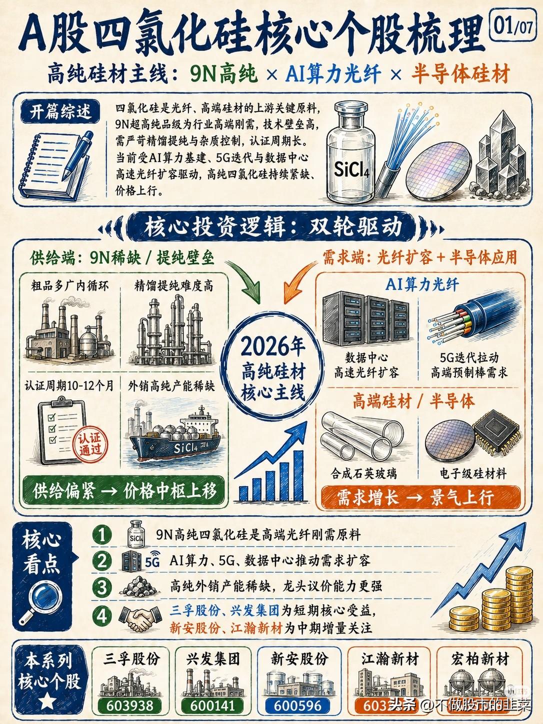 算力光纤持续扩容，9N高纯四氯化硅迎来供需紧平衡
 
很多人紧盯光模块、预制棒这