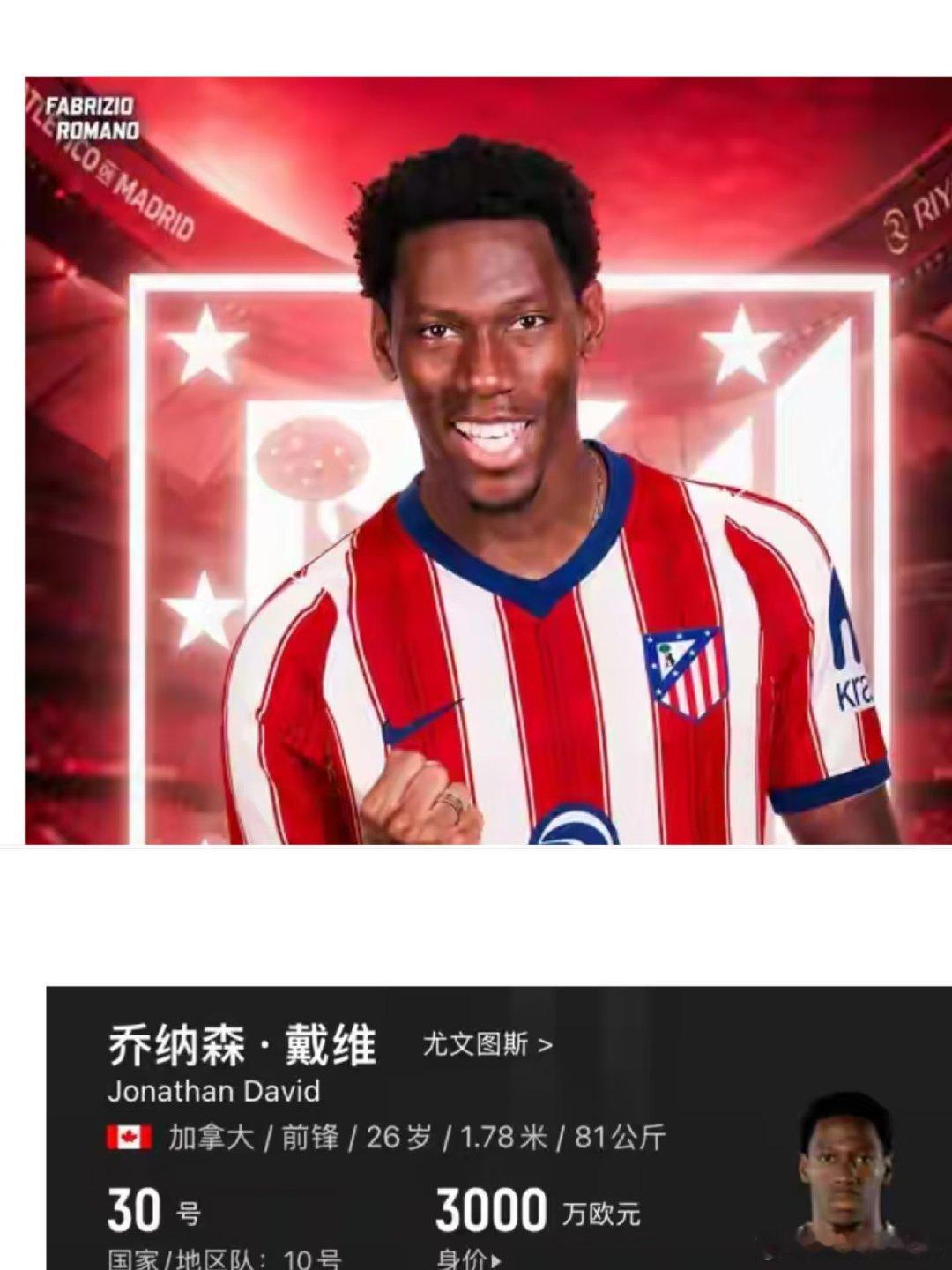罗马诺Here We Go确认，马竞签下尤文前锋乔纳森·戴维，租借附带买断选项，