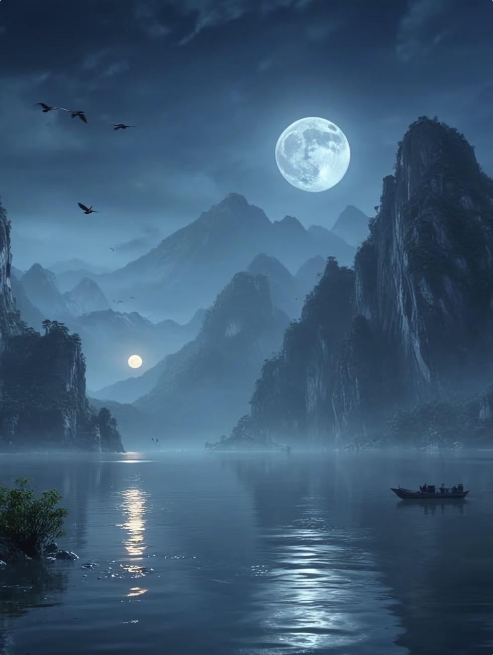 上联：月移青山动
下联：霞敛暮鸟归