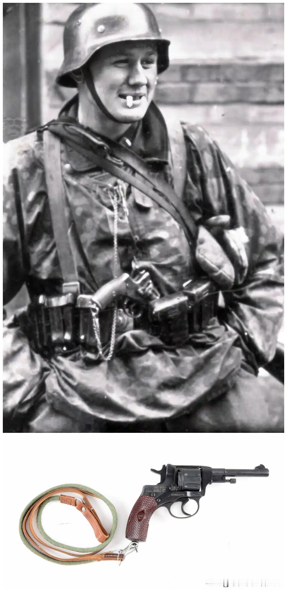 1942年，一名德国党卫军士兵在战斗间隙“冒烟”过瘾。他腰带上插着一支外国制造的