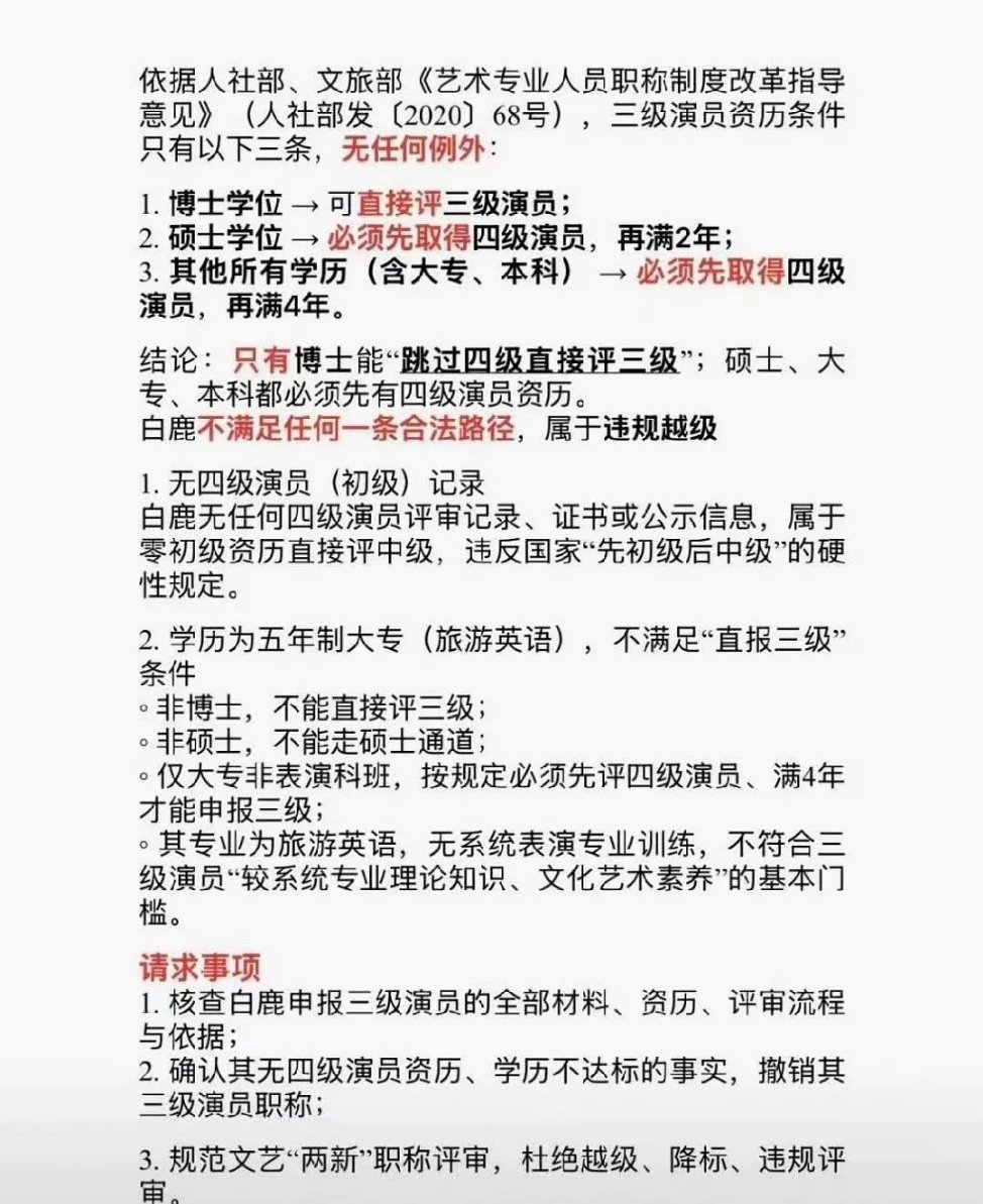 白鹿学历白鹿方六连辟谣 我去，我终于知道为啥引发这么大舆论了，要评三级演员，必须