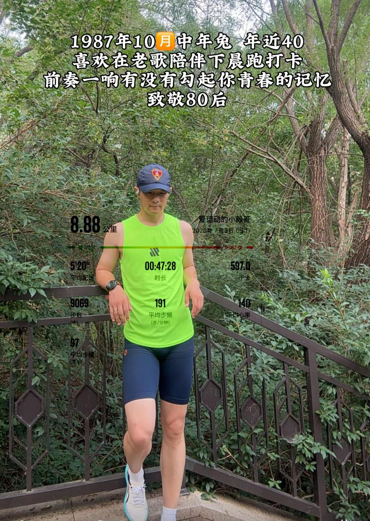87年10🈷️中年兔，晨起迎着微风慢跑打卡。循环一曲《歌声与微笑》，稚嫩老歌抚