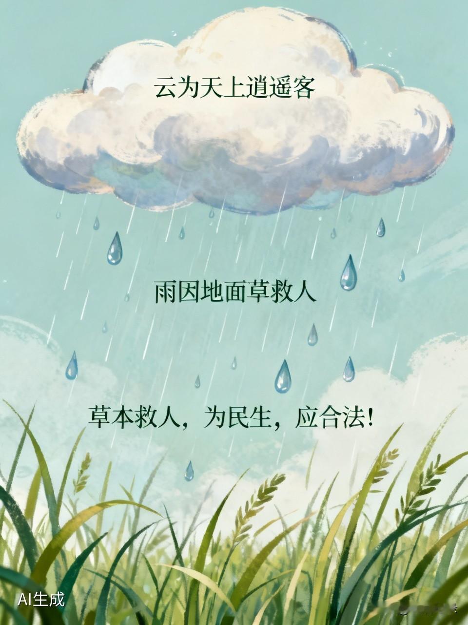 看到“云为天上逍遥客，雨因地面草救人”这副对联，感觉意境超美。云闲游天上，雨润泽