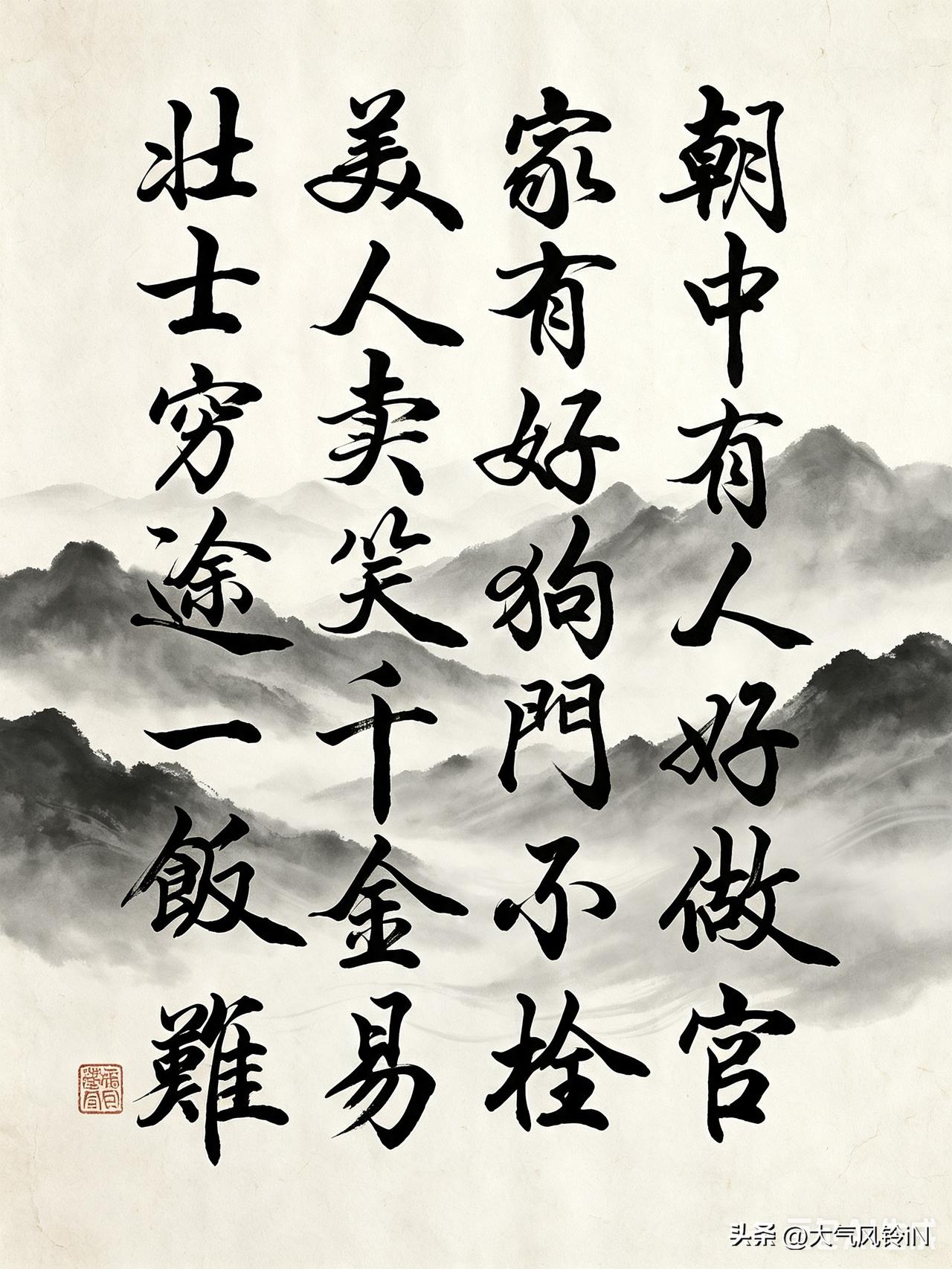 朝中有人好做官，
家有良犬户常安。
美人卖笑千金易，
壮士穷途一饭难。
短短四句