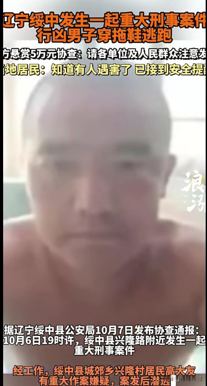 “辽宁绥中出大事了！10月6号晚上，兴隆路附近发生重大刑事案件，嫌疑人高大友穿个