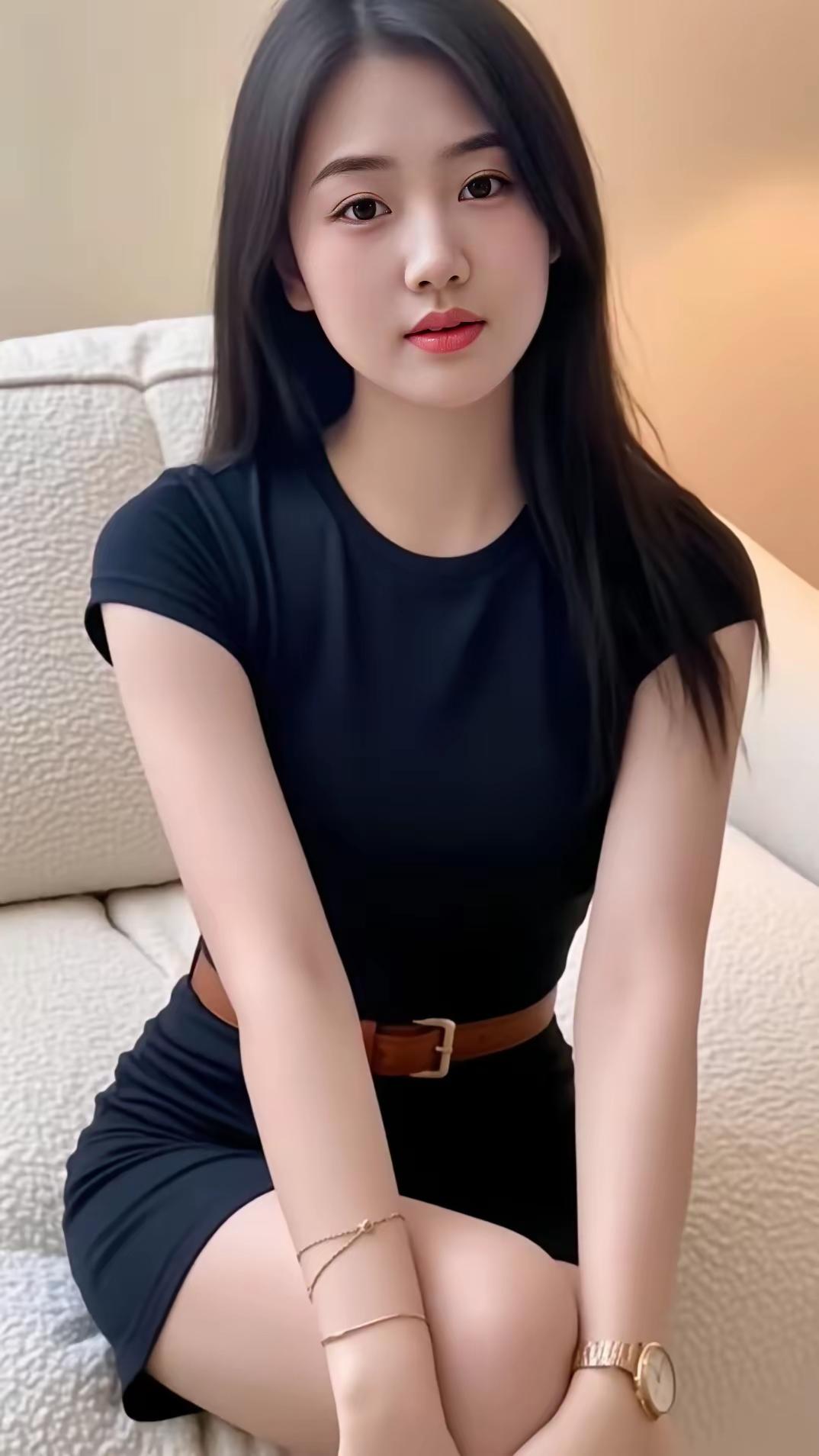 一个穿黑色裙子的女孩坐在沙发上。