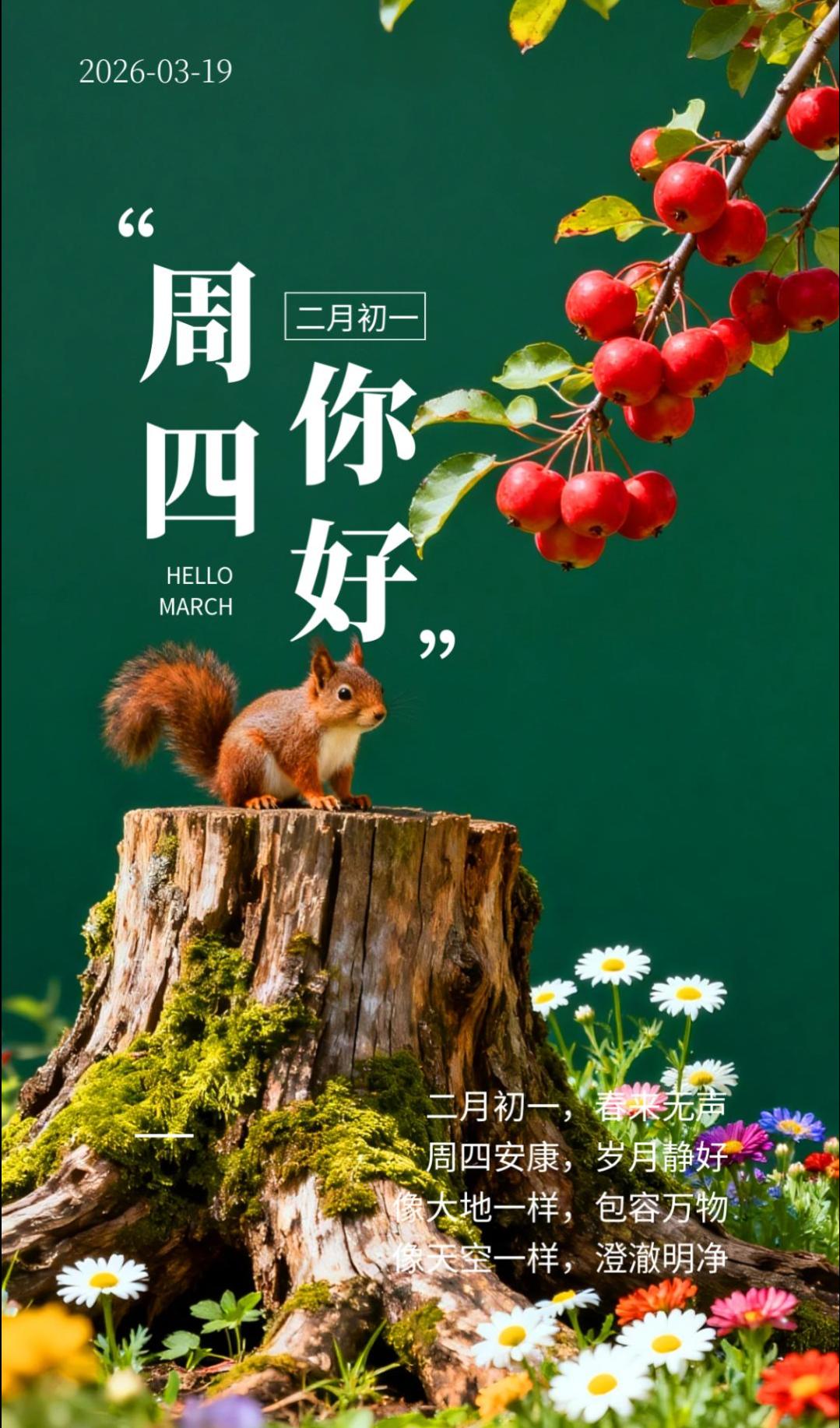 🌈早安！今天是2026年3月19日，农历二月初一，星期四。告别正月，拥抱二月，
