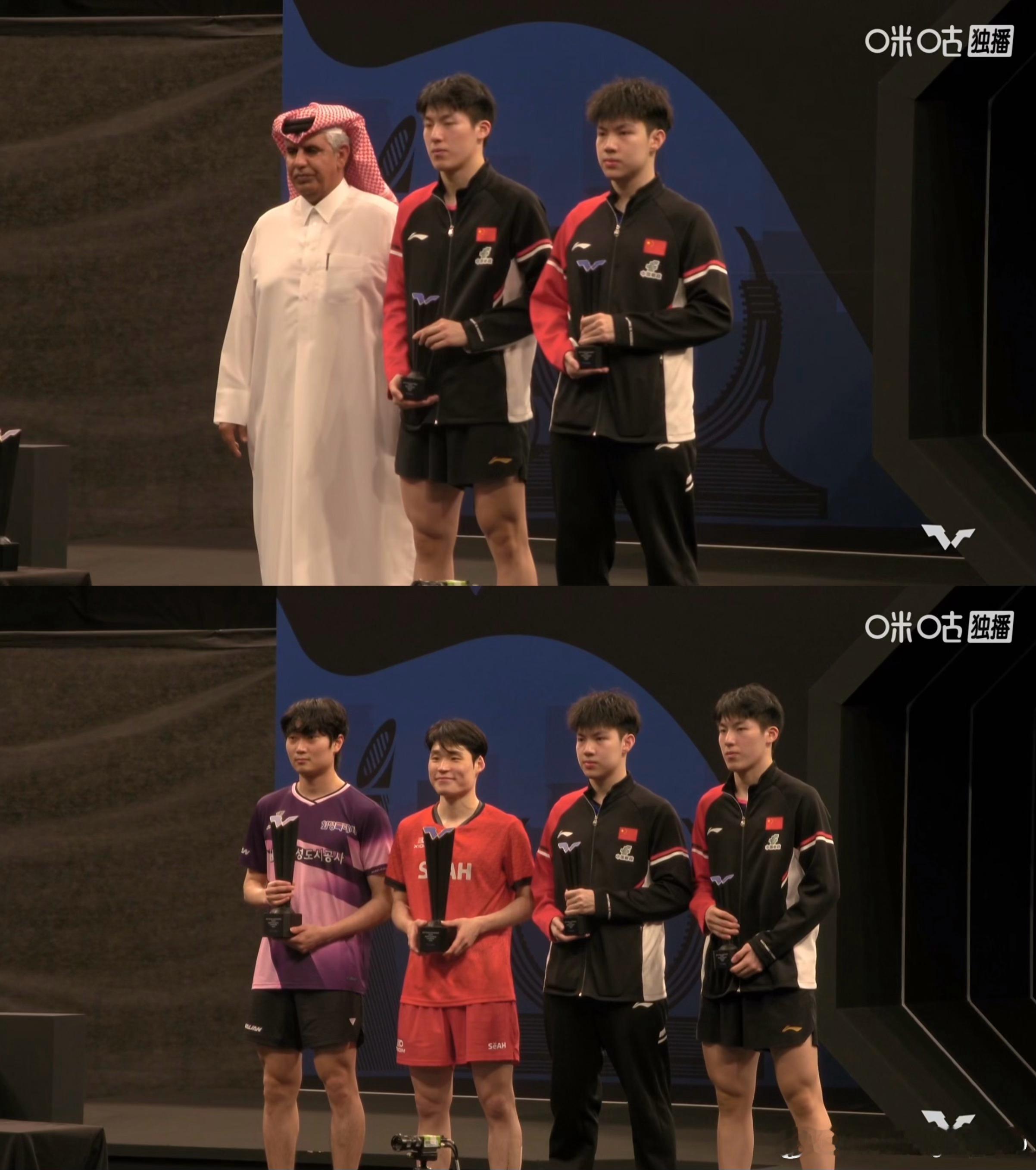 WTT球星挑战赛多哈站2026 颁奖仪式男双冠军：张禹珍/赵大成男双亚军：黄友政