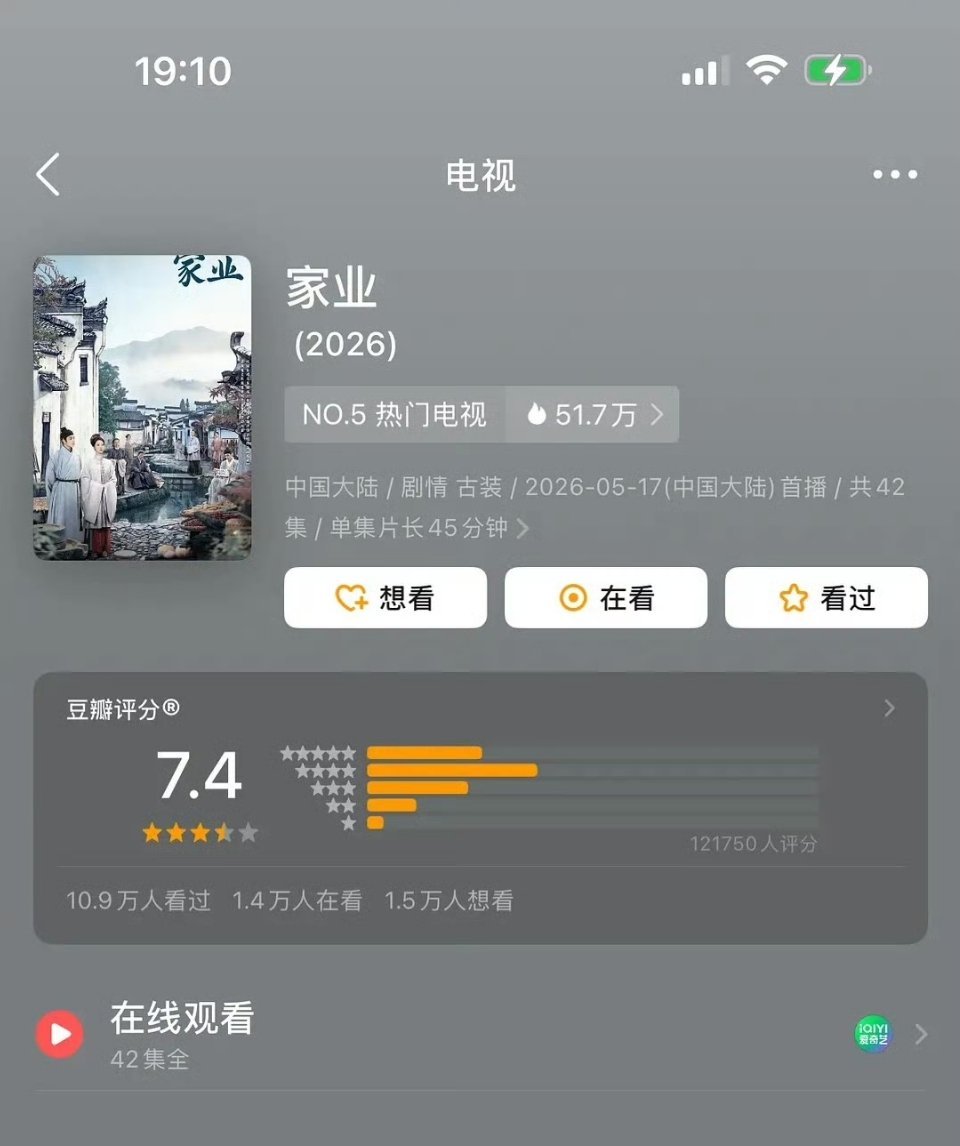杨紫家业开分7.412w+人打分高了还是低了？家业豆瓣开分7.4分