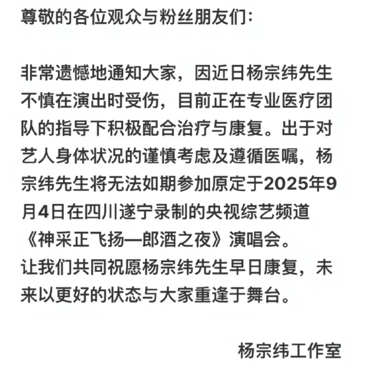 杨宗纬无法如期录制后续演唱会 26日晚，杨宗纬工作室发通知：非常遗憾地通知大家，