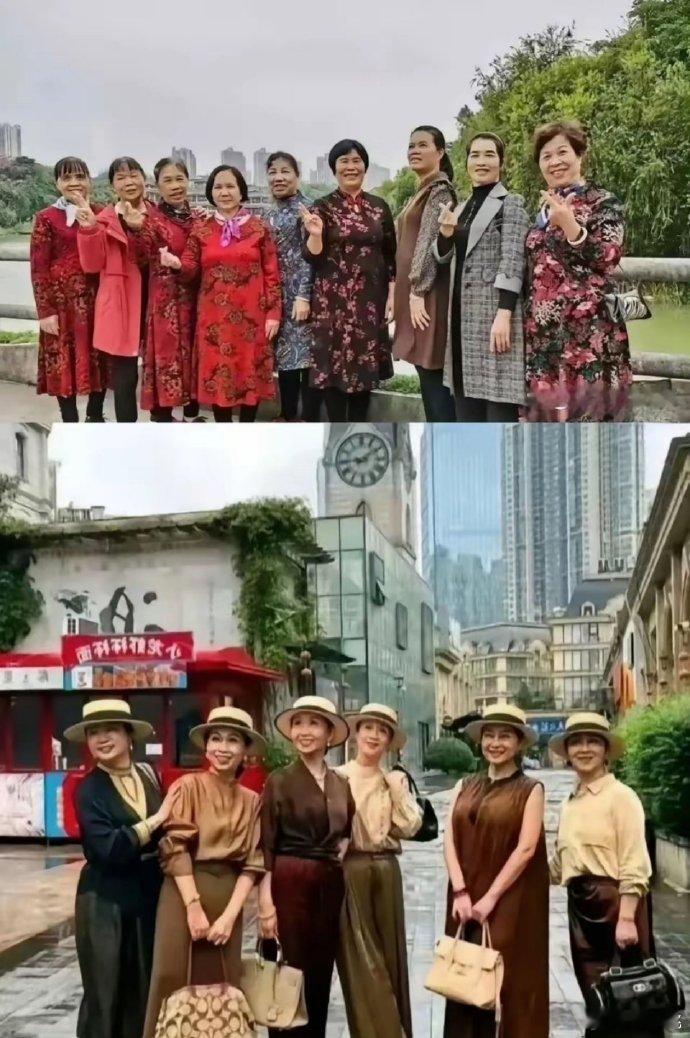 两组出来旅行的退休大妈对比，从穿着打扮和外在气质看你觉得哪一队的大妈退休工资更高