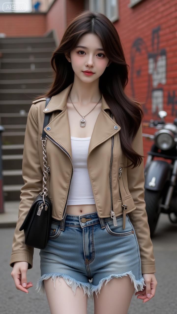 街头甜酷系美人太戳审美啦
 
卡其皮衣搭破洞牛仔，慵懒里藏着点飒气~白吊带和金坠