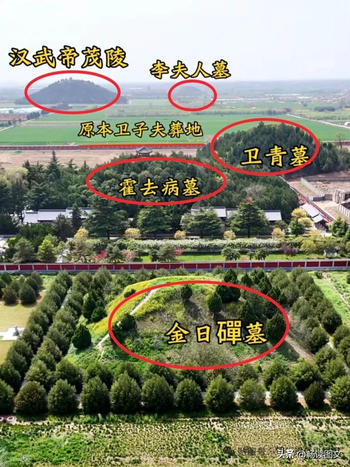 这张图片展现了汉武帝茂陵及其陪葬墓群。远处高大土丘便是汉武帝的茂陵，周边分布着一