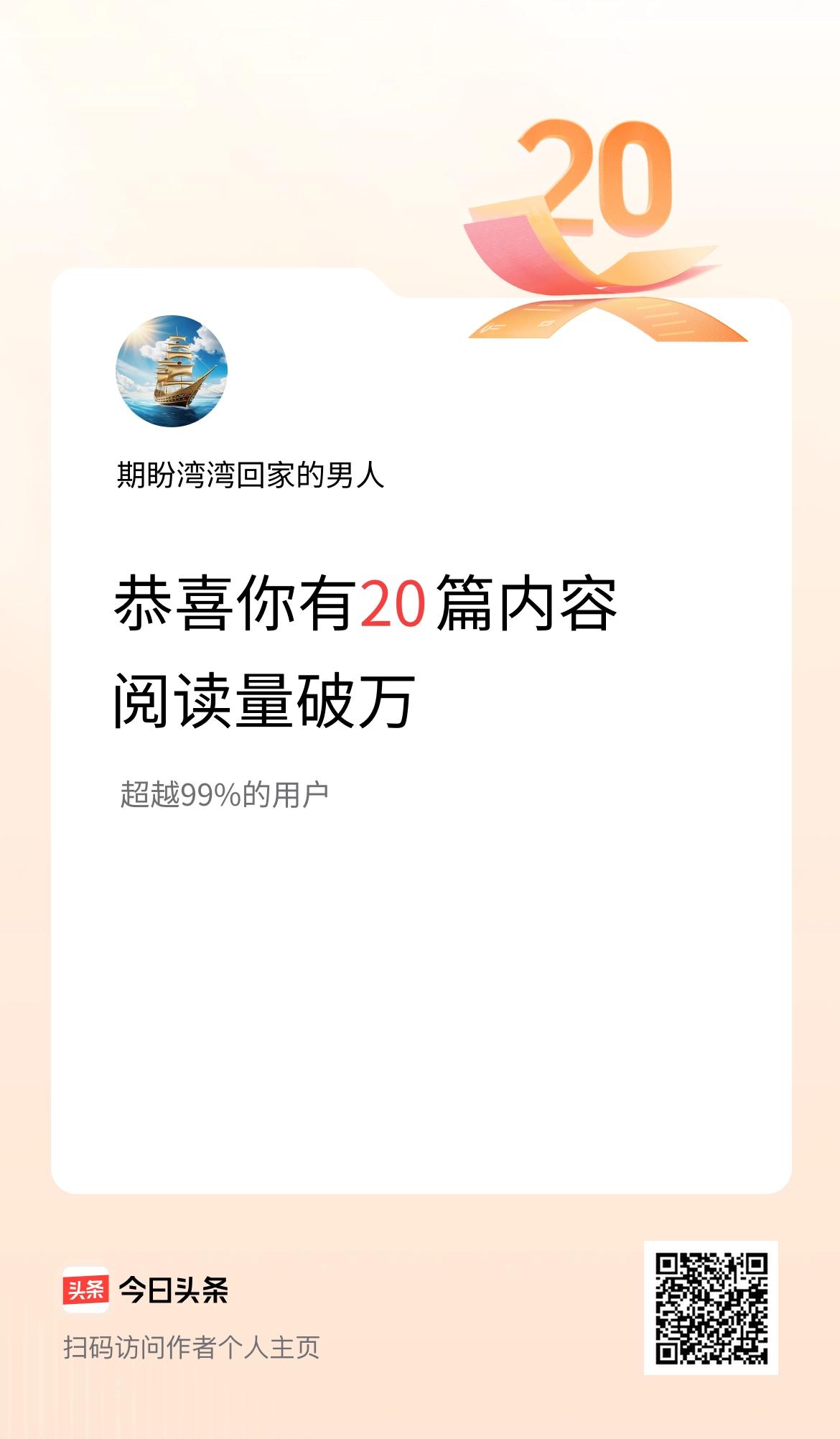 我在头条有20篇内容阅读破万了！