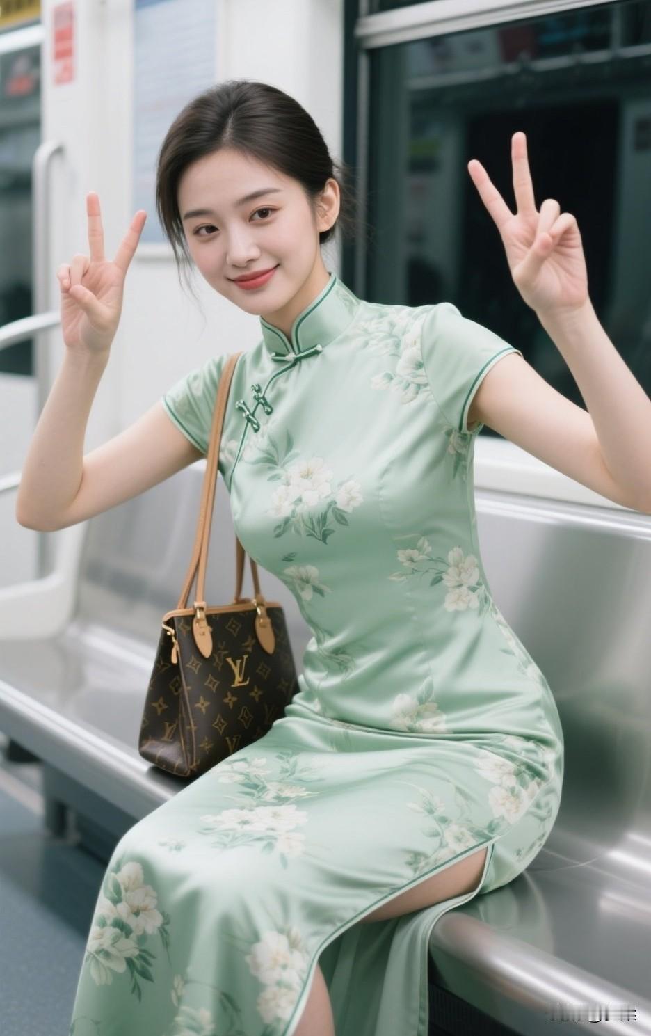 地铁上的优雅时光，花裙与LV手袋的完美搭配