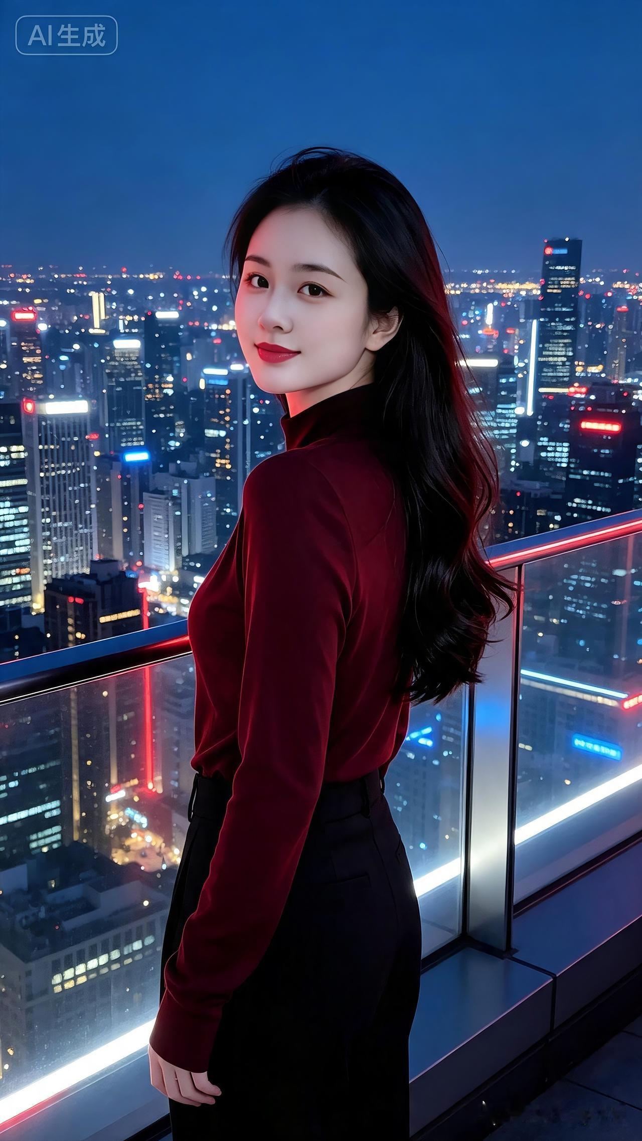 都市夜思
高楼灯火耀云天，
独倚楼台赏暮烟。
长发悠随轻风舞，
红衫隐隐映华轩。