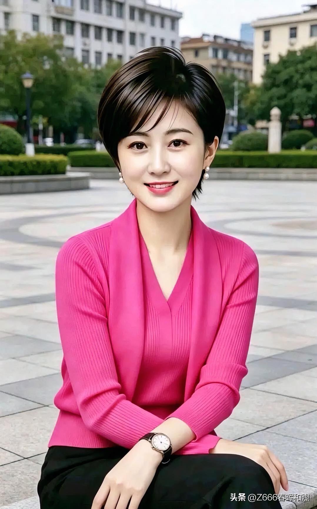 短发如墨，粉衫似霞，眼眸流转间，温婉与从容交织成诗，绽放岁月静好。