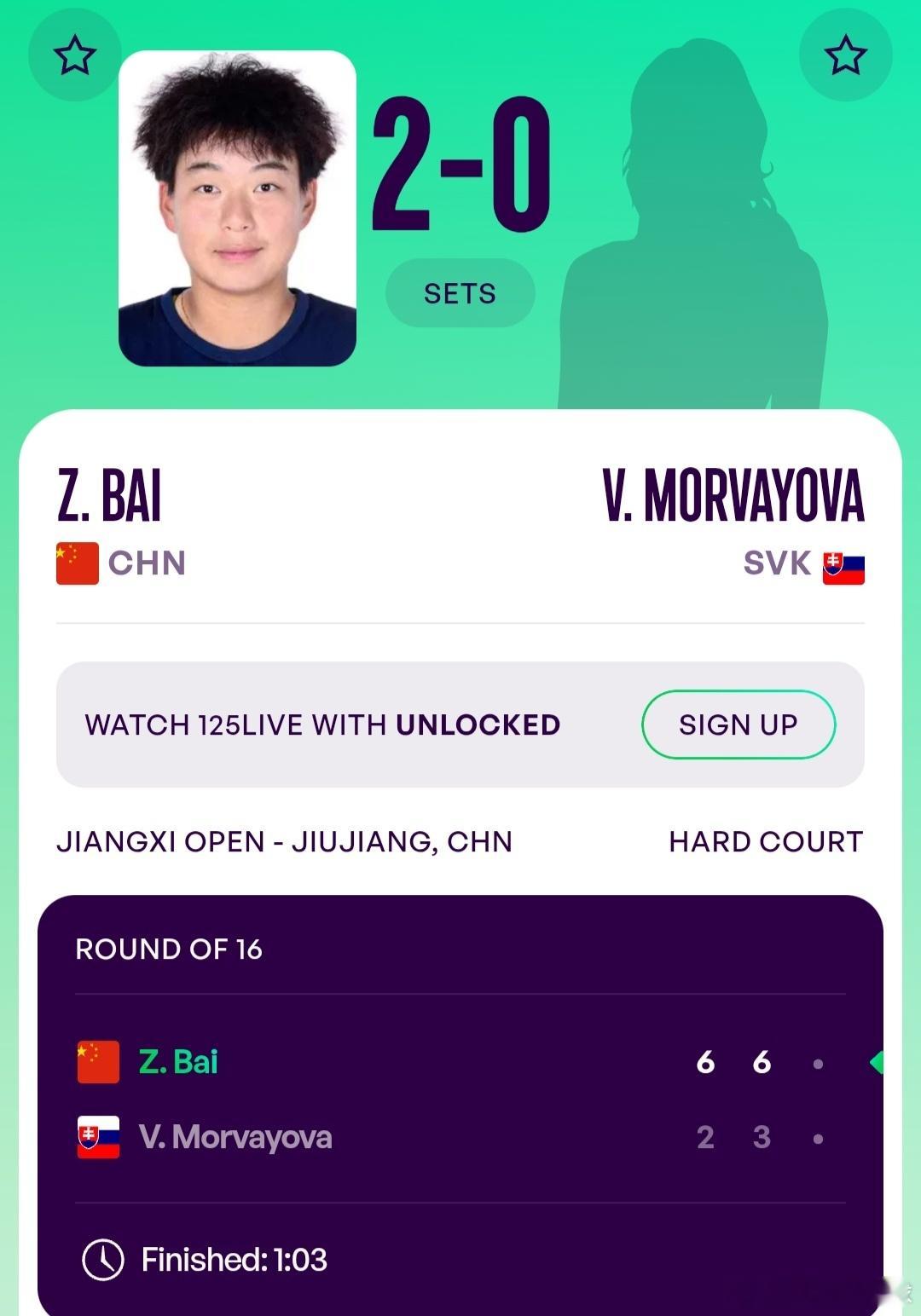 WTA125九江站🇨🇳女单第2轮白卓璇🇨🇳6-2/6-3战胜摩尔瓦约娃?