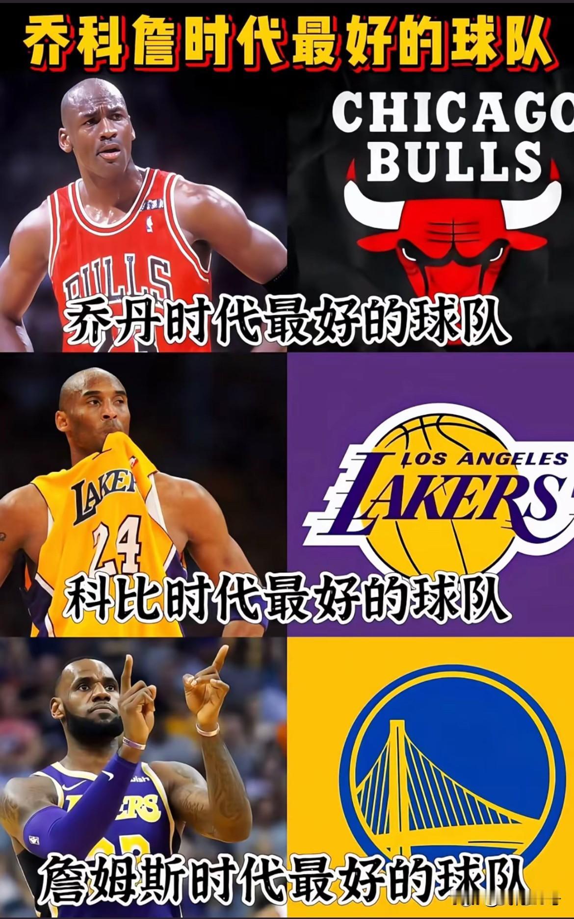 乔、科、詹时代最好的球队是哪些球队呢？
乔丹时代：最好的球队是公牛队。身穿23号