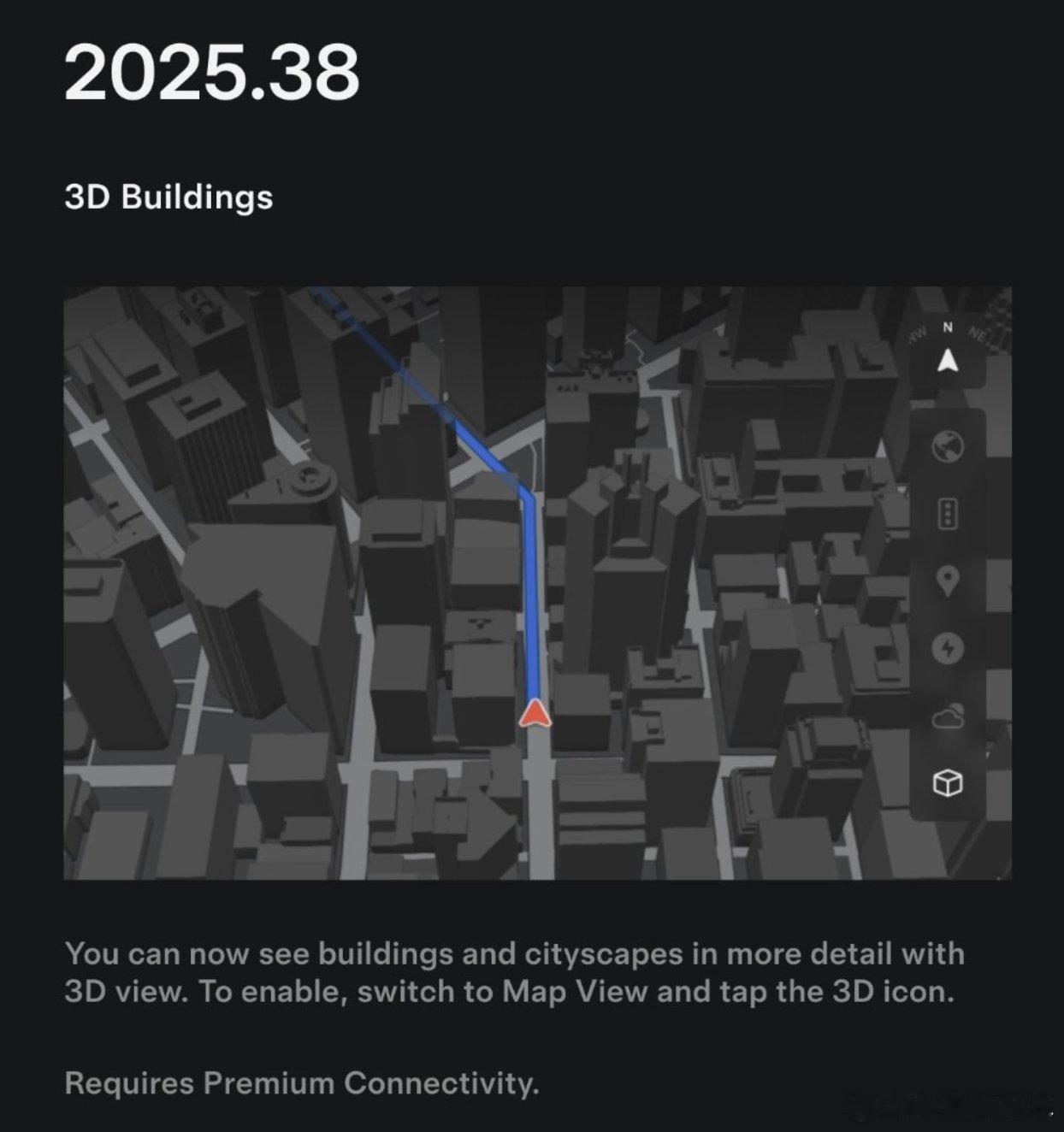 特斯拉 2025.38 新增3D地图视图，这功能在国内落地难度应该不算大，国内合
