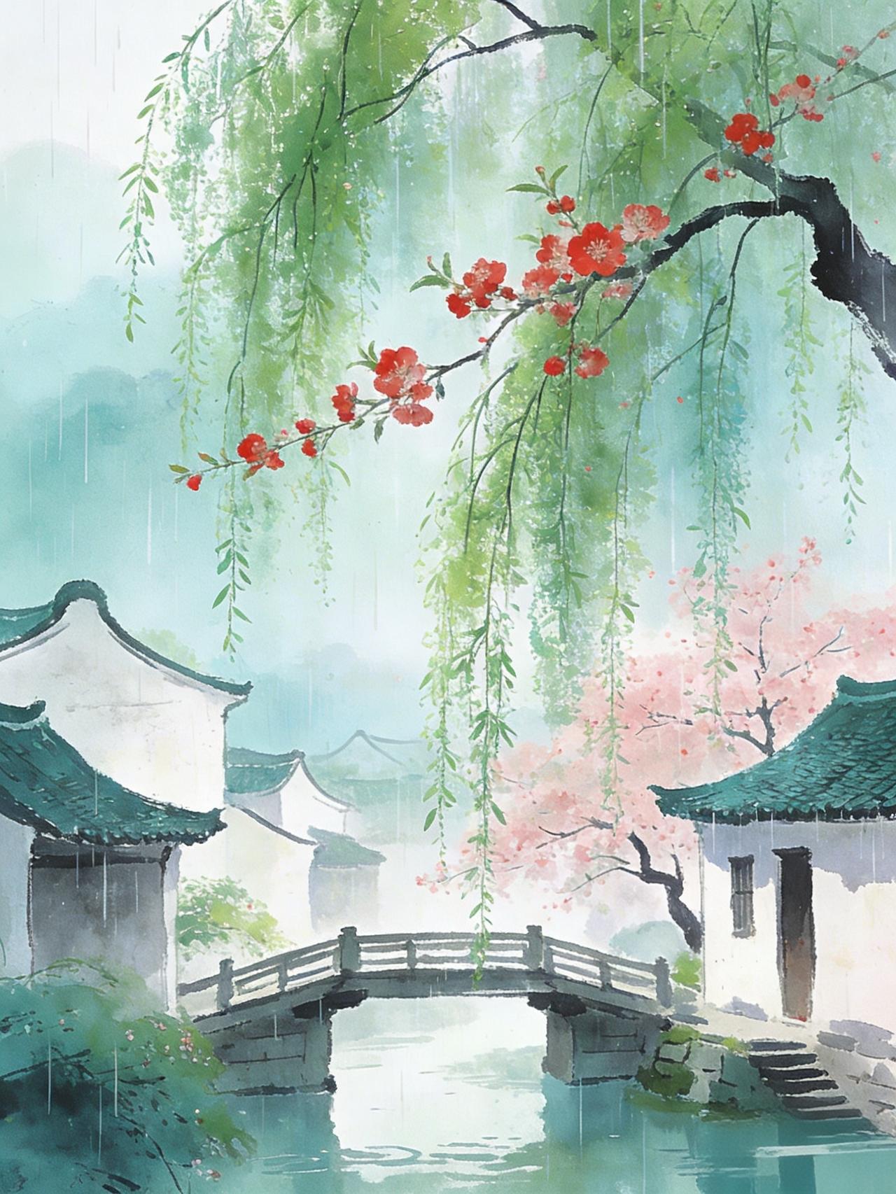 上联：三月春风杨柳绿，下联：一帘细雨桃杏红

烟雨杏花，与春风杨柳构成一幅江南春