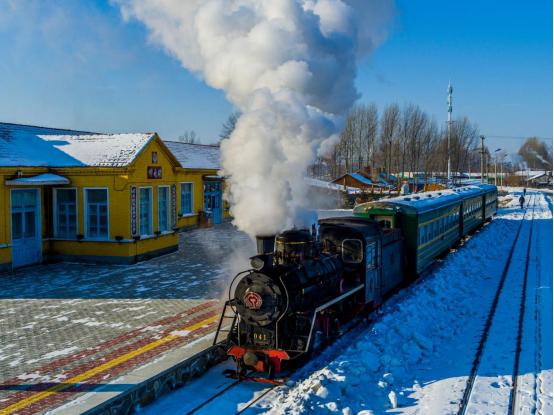 分享一张雪景图雪中蒸汽火车飞驰。