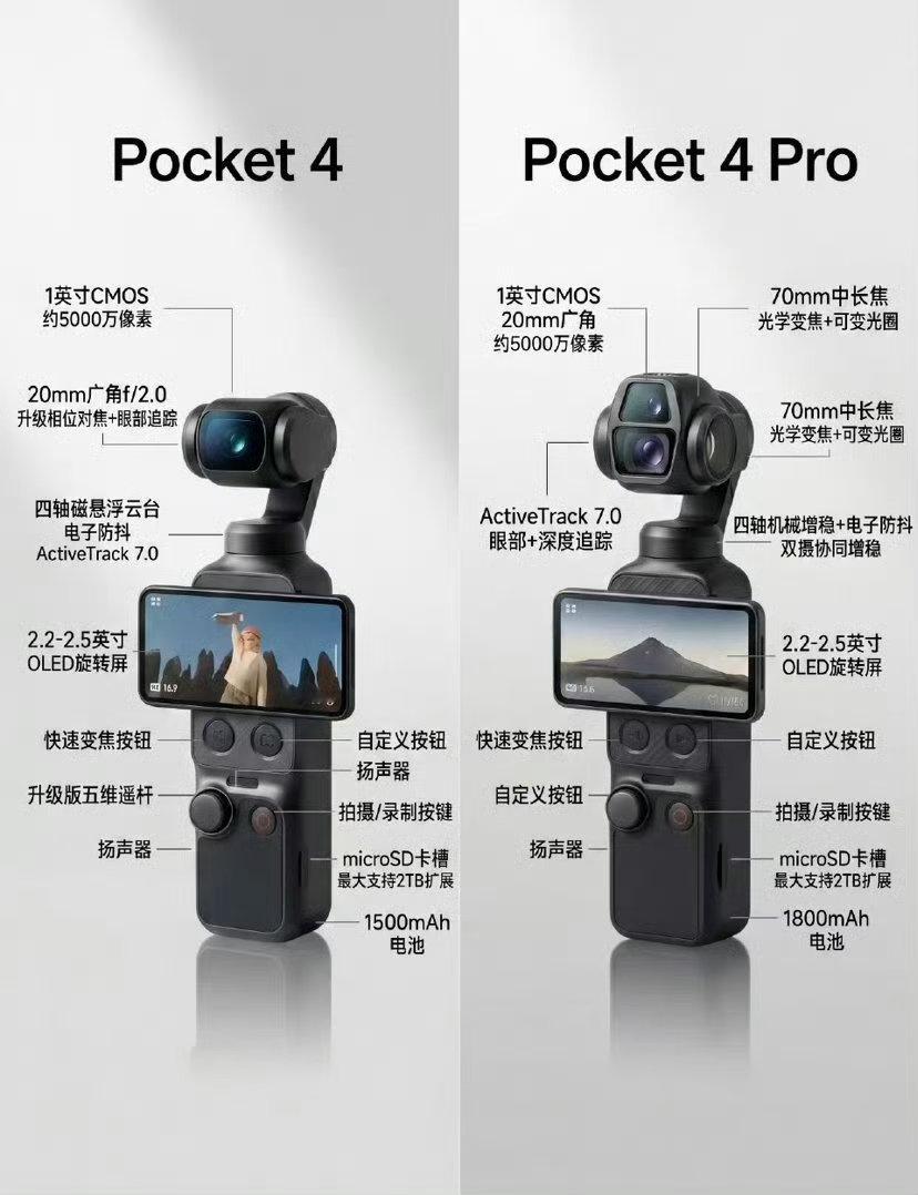 大疆Pocket4和4Pro，预算够的话直接选Pro就好