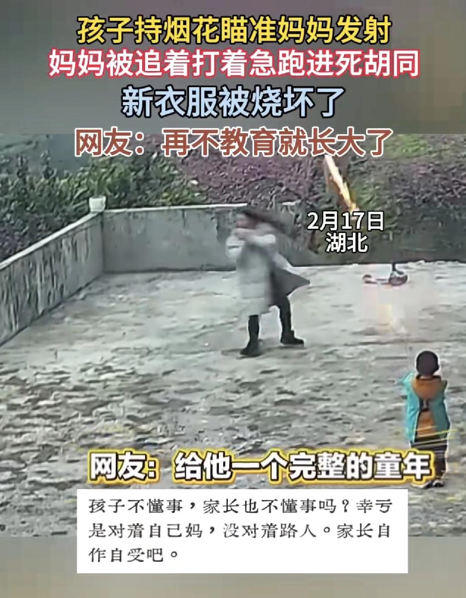 湖北一小男孩在家楼顶放烟花时，精准对准自己的妈妈发射，妈妈被吓得到处乱跑。但是不
