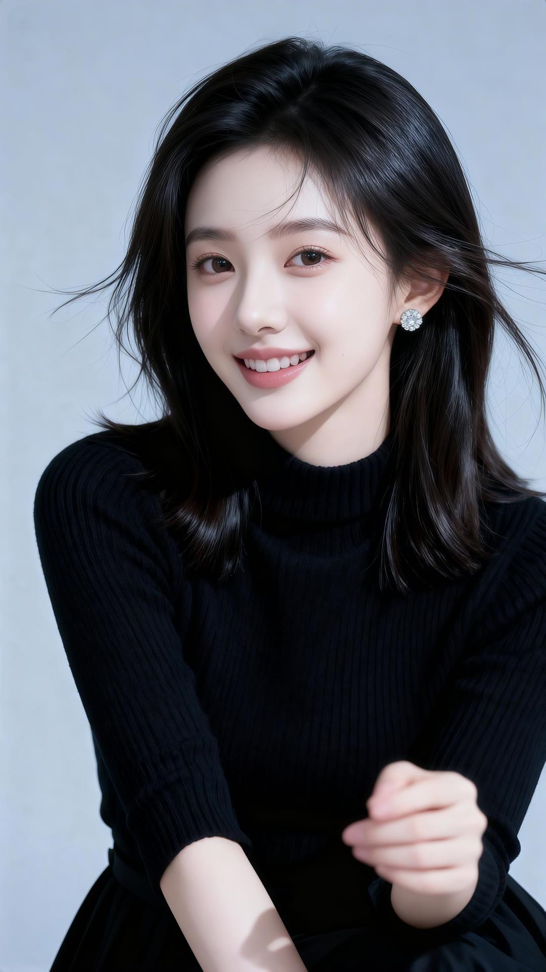 温柔甜美的黑发少女，微笑中散发着迷人魅力。