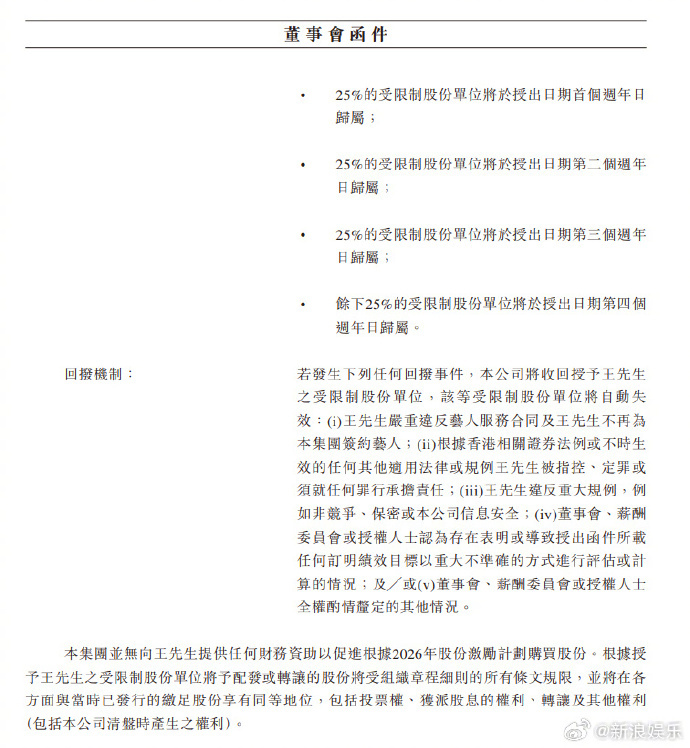 乐华公开董事会函件，建议有条件向王一博授出股份奖励，寻求维持与王一博的长期合作董