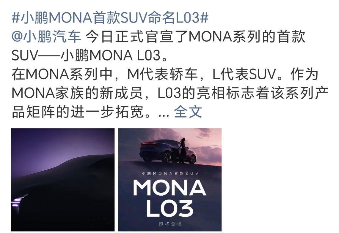 小鹏MONA首款SUV命名L03还挺好看  ，还挺对女生的口味