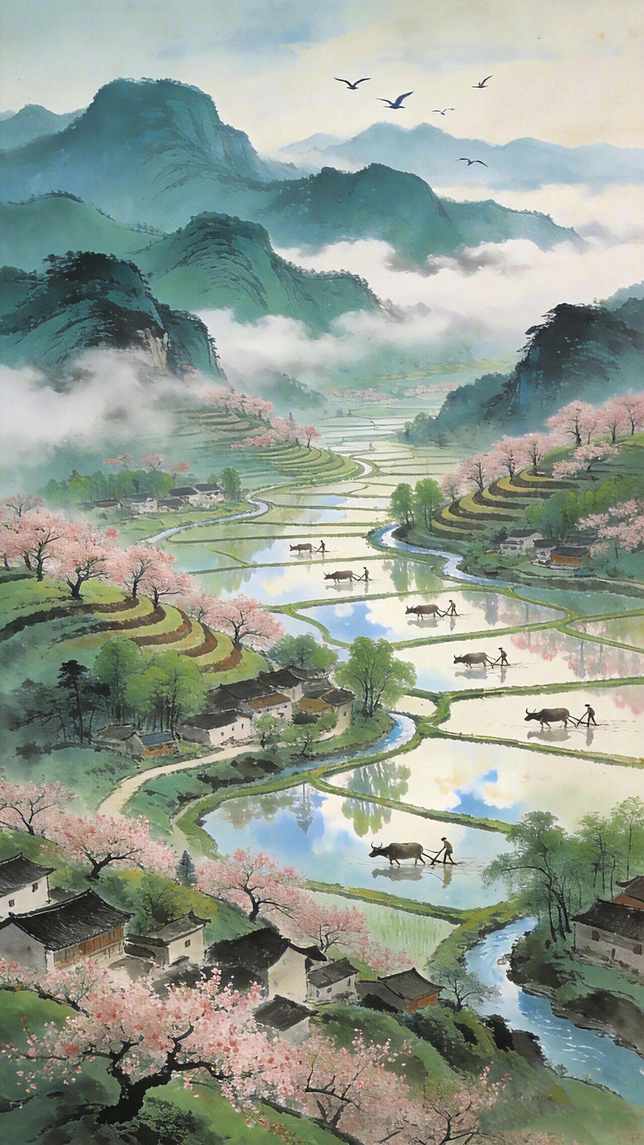 山水画《春耕图》田埂间，老牛踏波前行，耕夫扶犁，翻起春泥的酥软。 